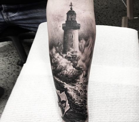 Traditional Lighthouse Tattoo, Nautical Tattoo Sleeve, Storm Tattoo, Inner Bicep Tattoo, Lighthouse Tattoo, Water Tattoo, Men Tattoos Arm Sleeve, Forarm Tattoos, Nautical Tattoo