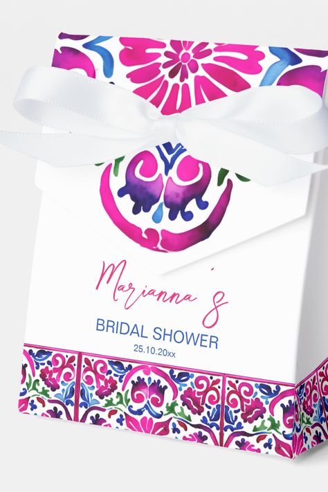 Pink blue Mexican tiles bridal shower Favor Box Spanish Style Weddings, Personalized Favor Boxes, Cake Favors, Mexican Themed Weddings, Mexican Talavera Tile, Wedding Favor Bags, Wedding Favor Boxes, Pink Parties, Custom Party