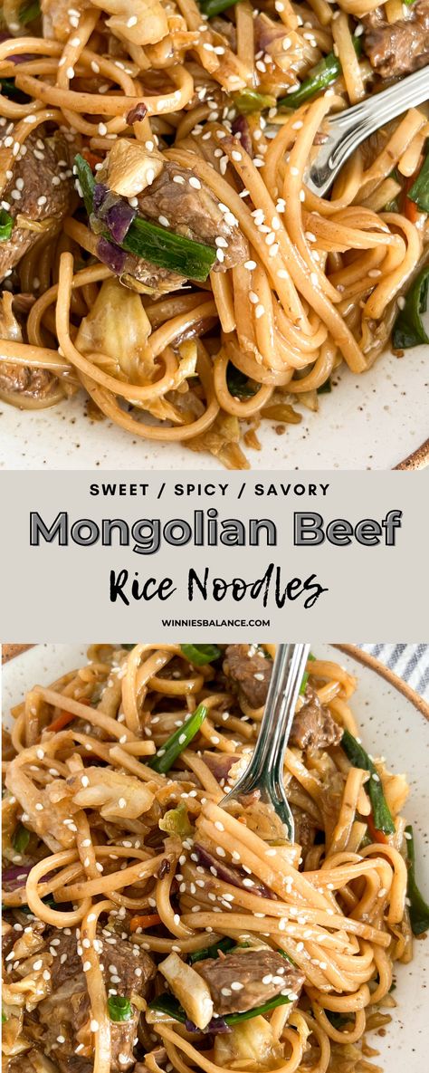 Mongolian Beef Rice Noodles - WINNIESBALANCE Mongolian Rice, Thai Rice Noodle Recipes, Beef Rice Noodles, Thai Rice Recipes, Mongolian Bbq, Thai Rice Noodles, Rice Noodle Recipes, Mongolian Beef Recipes, Beef Rice