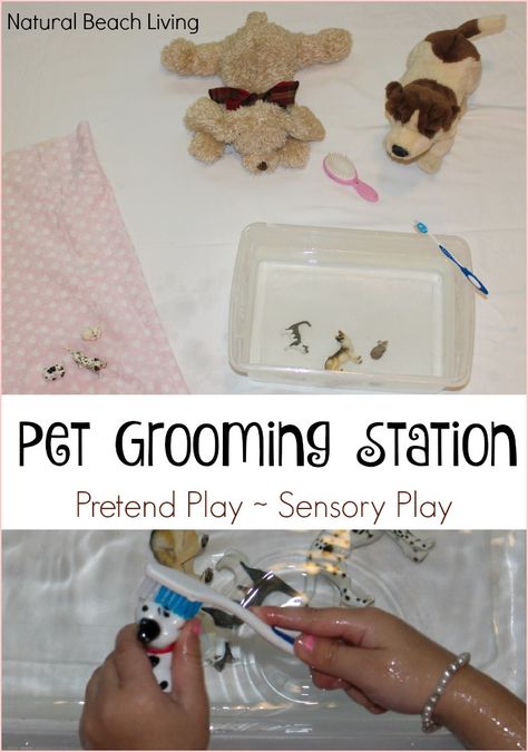 Perfect Sensory Play, Pretend Play and teaching care for animals with this Super Cute and Easy Pet Grooming Station for Kids, Love It! Pet Grooming Station, Grooming Station, Pets Preschool Theme, Dramatic Play Preschool, Easy Pets, Play Pretend, Dramatic Play Centers, Creative Curriculum, Pet Vet