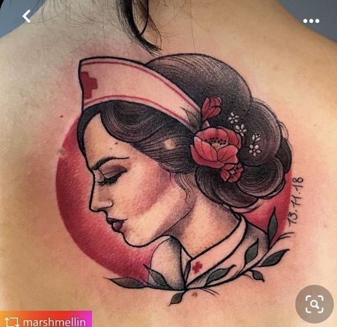 Traditional Nurse Tattoo, Traditional Tattoo Nurse, Tattoo Portrait, Nurse Tattoo, Tasteful Tattoos, Body Modification, Head Tattoos, Mom Art, Viking Tattoos