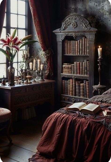 Red Cottage Interior, Moody Bookcase, Romantic Goth Bedroom Ideas, Dark Academia Room Inspiration, Apothecary Bedroom, Dark Cozy Bedroom Ideas, Best Greige Paint, Best Greige, Dark Academia Interior