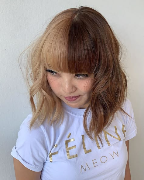 🖤🖤🖤 #shorthairgirls #shorthair #bangs #layershaircut #halfhalf #halfhalfhair #brownhair #brunette #blondehair #blonde Natural Half And Half Hair Color, Half Blonde Bangs, Half And Half Hair Color, Shorthair Bangs, Two Color Hair, Half And Half Hair, Split Dye, Split Dyed Hair, Hair Blond