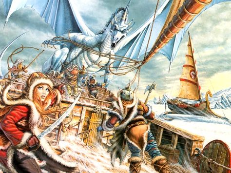 Dragonlance: Larry Elmore Laurana, Sturm and Tas on a ship besieged by white dragons during their trip to the far north with the Knights of Solomnia Dragonlance Chronicles, Larry Elmore, Dungeons And Dragons Art, Forgotten Realms, Dragon Pictures, Fantasy Images, Dnd Art, Fantasy Adventure, Dragon Drawing