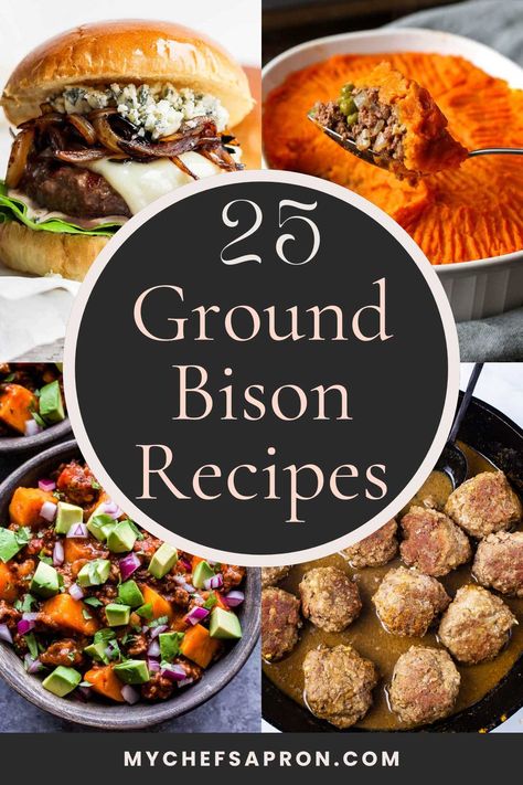 25 nutrition-packed and satisfying ground bison recipes with rich flavors and a great way to serve something unique at the dinner table. Buffalo Ground Beef Recipes, Buffalo Recipes Meat, Ground Buffalo Recipes, Ground Bison Recipes Casseroles, Ground Bison Dinner Ideas, Bison Ground Meat Recipes, Bison Ground Beef Recipes, Ground Bison Recipes Low Carb, Bison Meals