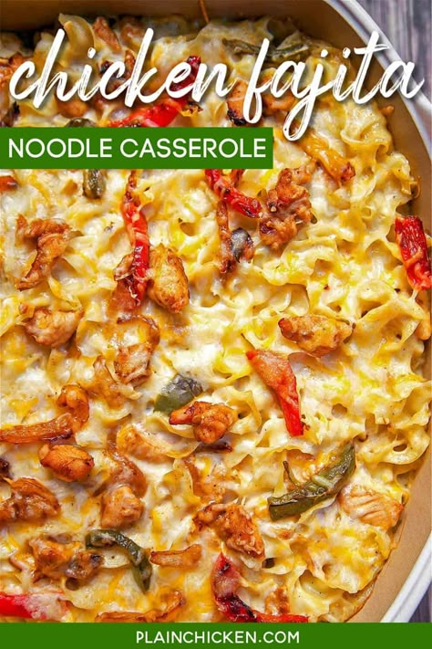 Chicken Fajita Noodle Casserole - chicken, fajita seasoning, bell peppers, onions, noodles, sour cream, cream of chicken soup and cheese. Seriously delicious! Can make ahead of time and refrigerate or freeze for later. Makes a lot - can split between 2 pans and freeze one for later. Everyone loves this casserole! #casserole #mexican #chicken #freezermeal Chicken Fajita Seasoning, Casserole Mexican, Fajita Casserole, Chicken Fajita Casserole, Casserole Chicken, Plain Chicken, Chicken Fajita, Noodle Casserole, Fajita Seasoning