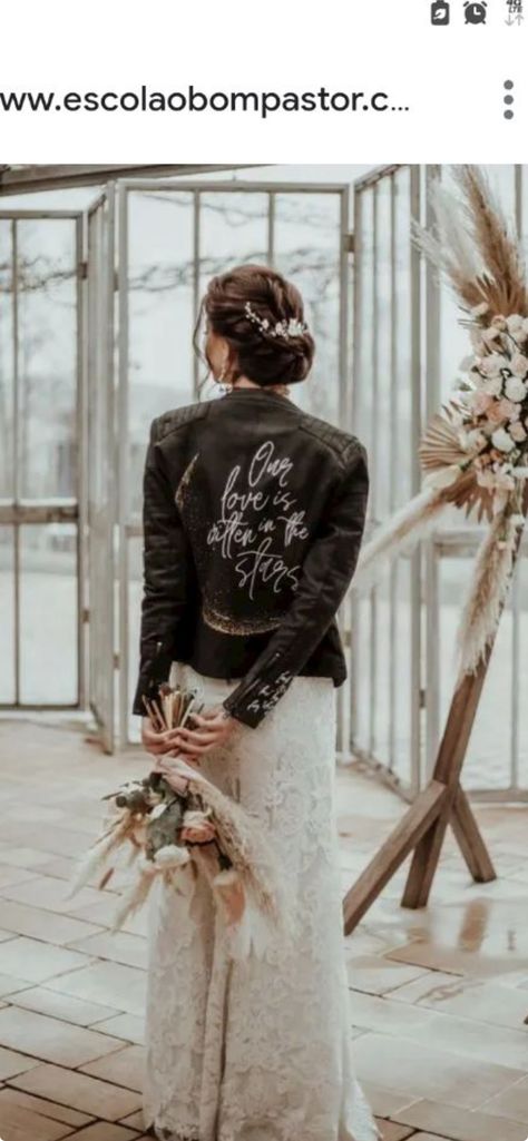 Industrial Wedding Inspiration, Edgy Bridal, Edgy Wedding, Leather Jacket Dress, Painted Jacket, Bridal Jacket, Wedding Jacket, Pittsburgh Weddings, Industrial Wedding