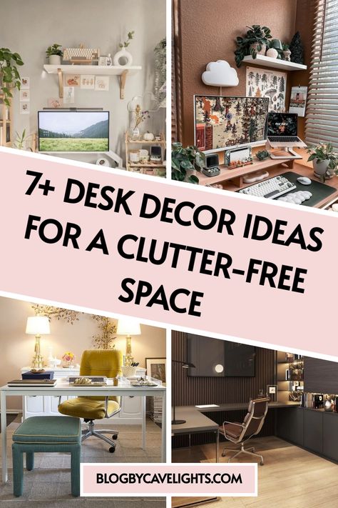 7 desk decor ideas Tiny Desk Organization Ideas, Shelves Over Desk Ideas, Boho Computer Desk, Cute Desk Organizer, Wfh Desk Setup Aesthetic, Small Desk Ideas Aesthetic, Desk Space Aesthetic, Cozy Office Desk, Desk Styling Ideas