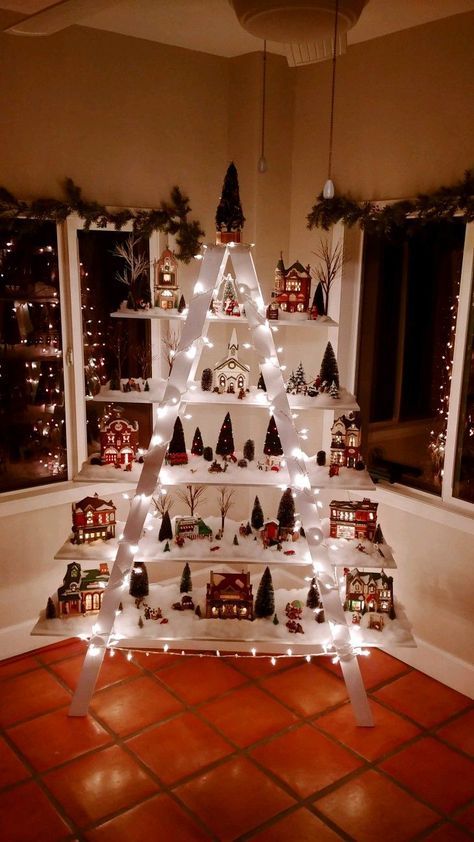 Christmas Village Ladder Display, Christmas Village Display Ideas Diy Easy, Ways To Display Christmas Village, Christmas Village Display Ideas Diy, Tree Ladder, Christmas Ladder, Christmas Tree Village Display, Diy Christmas Village Displays, Tree Village