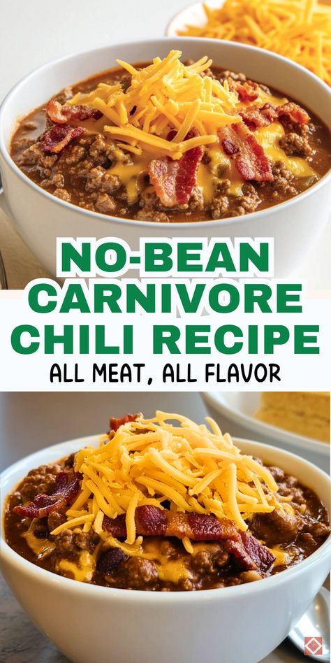 Who needs beans when you have this rich, meaty carnivore chili? Packed with bold flavors and plenty of protein, this no-bean chili is perfect for those on a carnivore, keto, or low-carb diet. Easy to make and hearty enough for any appetite. Save this pin for a chili recipe that’s all meat and all flavor! Low Carb Beef Dinner Recipes, Family Dinner Ideas Low Carb, Carnivor Chilli, Protein And Green Veggie Meals, Healthy Beef Dinner Recipes Low Carb, Carnivore Diet Beginner, Carnivore Ground Meat Recipes, Carnivore Fried Rice, Carnivore Flank Steak Recipes