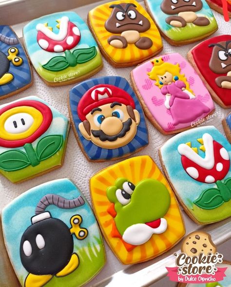 Mario Cookies, Cookie Store, Super Mario Bros Birthday Party, Super Mario Bros Party, Flooding Cookies, Mario Cake, Mario Bros Birthday, Mario Bros Party, Mario Birthday Party