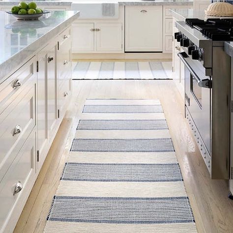 Dash & Albert Rugs on Instagram: “• Have you considered a mat or runner in your kitchen?  We actually think a kitchen is a perfect place to layer a little comfort under your…” Kitchen Area Rugs, Dash And Albert Rugs, Jacquard Loom, Classic Kitchen, Dash And Albert, Cotton Area Rug, Navy Rug, Navy Area Rug, Subtle Textures