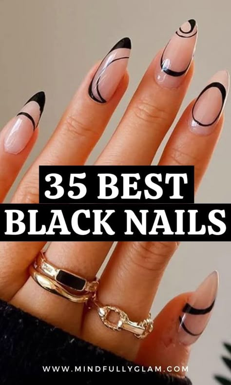 black nails Classy Nails With Black, New In Nails, Fall Nails With Black Accent, November Nails Black, Nails Ideas With Black, Black Nail Designs Oval Shape, Black Winter Nails Short, Black French Tips Design, Matte Black Nails With Design