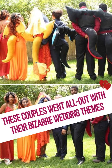 Wedding themes can be a complicated process. You need to make sure that you are unique and stand out from the crowd, but you also need to make sure that you aren't too far outside the box. This blog talks about the unique ways these couples came up with their wedding themes, and some of the funniest ones have been chosen to share! wedding ideas // dream wedding // wedding planning // wedding themes // #weddingideas #dreamwedding #weddingplanning #weddingthemes Funny Wedding Themes, Tacky Wedding Theme, Fun Wedding Themes Unique, Crazy Wedding Themes, Weird Wedding Themes, Unique Wedding Themes Creative, Fun Wedding Ideas Unique, Fiona And Shrek, Theme Wedding Ideas