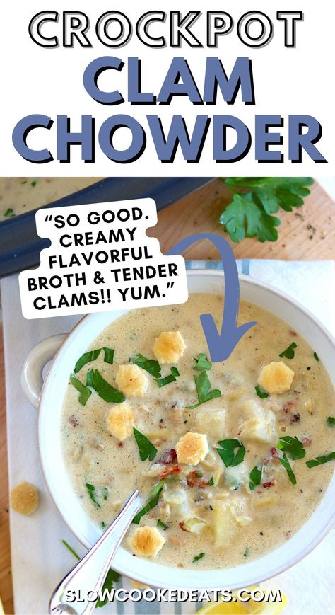 This crockpot New England clam chowder recipe has a wonderfully delicious creamy broth chock full of tender clams, crispy smoky bacon, perfectly cooked potatoes, and simple seasonings. To keep this crockpot clam chowder soup recipe easy, accessible, and inexpensive, I used canned clams and it's delish! Enjoy - it's total comfort food! Crockpot Clam Chowder Recipe, Crock Pot Clam Chowder, Crockpot Clam Chowder, Slow Cooker Clam Chowder, Canned Clams, Clam Chowder Soup, Clam Chowder Recipe, Cooked Potatoes, New England Clam Chowder