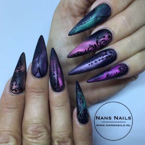 Spring Witchy Nails, Goth Inspired Nails, Dark Fairy Nails Designs, Spring Witch Nails, Dark Fairy Nails, Viking Nails, Purple Goth Nails, Purple Witchy Nails, Goth Spring Nails