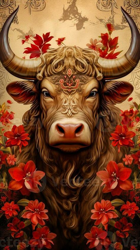 Chinese zodiac bull sign with red flowers generative AI Chinese Zodiac Art, Ox Art, Ox Chinese Zodiac, Vector Animation, Chinese Astrology, Pottery Techniques, Zodiac Art, Chinese Zodiac, Chinese Art