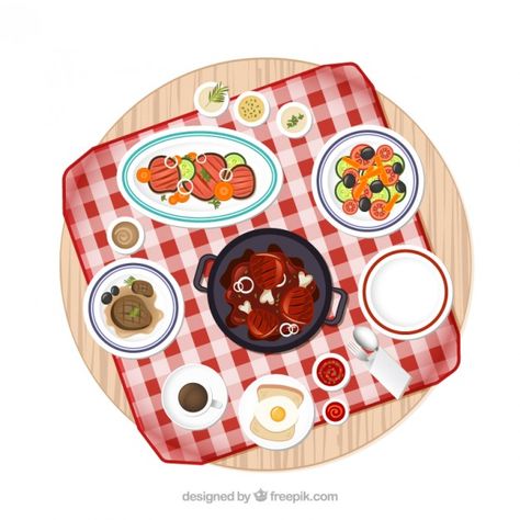 Picnic table with variety of food dishes Free Vector Flower Picnic, Drawing Scenery, Food Fair, Happy Pills, Cooking Art, Food Illustrations, Simple Art, Picnic Table, Food Dishes