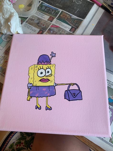 Animal Crossing Canvas Painting, Spongebob Painting Funny, Spongebob Painting Ideas Easy, Funny Spongebob Painting Ideas, Cute Funny Paintings Easy, Random Painting Ideas On Canvas Funny, Best Friend Painting Ideas Easy, Friend Painting Ideas Canvases, Canvas Painting Ideas Spongebob