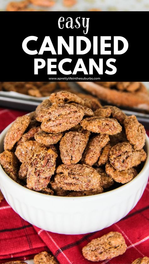 This Easy Candied Pecans Recipe is SO delicious. These candy coated pecans are crunchy and sweet with flavours of cinnamon and vanilla. This easy recipe is made with simple ingredients and ready in about 35 minutes! Cinnamon Pecans Recipe Easy, Cinnamon Pecans Recipe, Easy Candied Pecans, Coated Pecans, Pecan Recipes Easy, Buttery Flaky Pie Crust, Candied Pecans Recipe, Baking Nuts, Cinnamon Pecans