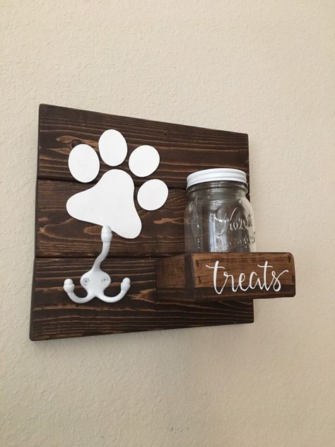 Dog Leash Holder Wooden Leash Hanger Mason Jar Leash Hook | Etsy Dog Bandana Holder, Wood Tray Centerpiece, Diy Dog Gifts, Beer Bottle Cap Crafts, Dog Bowl Holder, Dog Leash Hanger, Leash Hanger, Dog Leash Holder, Pet Items