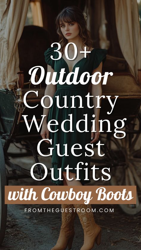 a woman wears country wedding guest outfit with cowboy boots, western outfits Boots To A Wedding As A Guest, Cowboy Ball Outfit, Country Casual Outfits Wedding, Black Cowboy Boots And Dress Outfit, Western Guest Wedding Outfit, Texas Wedding Outfit Guest, Grand Old Opry Outfit, Wedding Guest Country Outfit, Rancho Wedding Mexican Outfit Guest