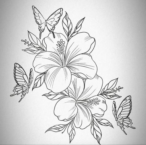 Chest And Shoulder Tattoo Female, Hibiscus And Butterfly Tattoo, Hibiscus Tattoo Stencil, Tropical Flowers Tattoo, Butterfly And Flower Tattoo Designs, Tattoos Hibiscus, Tattoo Flower Drawing, Tropical Flower Tattoo, Hibiscus Tattoos