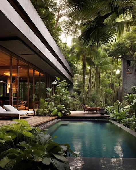 Concrete House Architect: @miladeshtiyaghi Would you live here? | Instagram Bali Beach House, Pools Ideas, Indoor Pool House, Sloping Lot House Plan, Indoor Swimming Pool Design, Indoor Pool Design, Modern Tropical House, Jungle House, Concrete Home