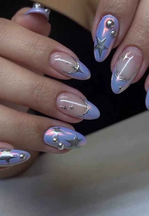 Edc Nail Ideas, Aura Cat Eye Nails, Purple Space Nails, Space Acrylic Nails, Enchanted Nails Design, Space Theme Nails, Aesthetic Birthday Nails, Mystic Nail Art, Purple And Silver Nails Designs