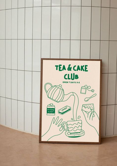 Tea & Cake Club🫖 Cake Mockup, Cowgirl Cookies, Cake Poster, Cake Art Print, Bakery Packaging Design, Opening A Cafe, Tea And Cake, Tea Club, Coffee Shop Branding