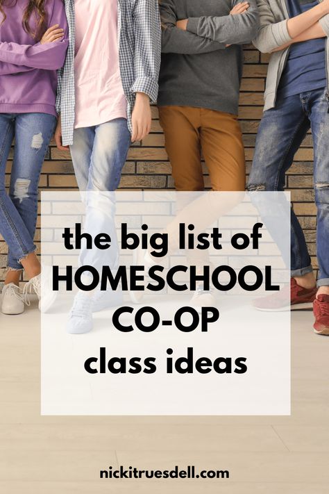 The big list of Homeschool Co-op class ideas - Nicki Truesdell Kindergarten Co Op Ideas, Co-op Art Class Ideas, High School Co-op Class Ideas, Coop Class Ideas Homeschool, Co Op Class Ideas Homeschool Elementary, Homeschool Co Op Ideas, Homeschool Co Op Class Ideas, Co Op Class Ideas Homeschool, Homeschool Coop Class Ideas