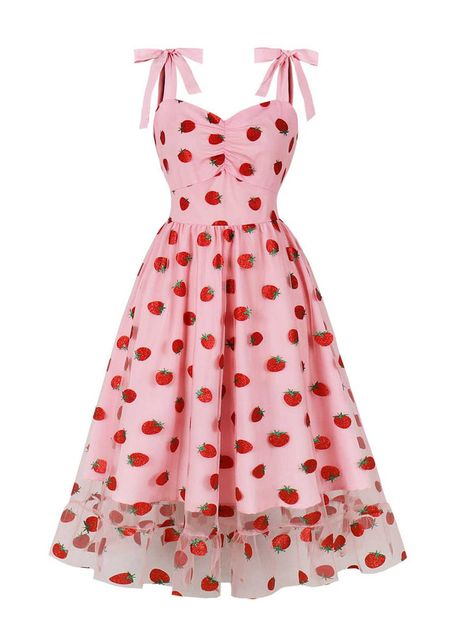 Cute Strawberry Outfit, Strawberry Clothes Aesthetic, Strawberry Dress Outfit, Strawberry Dress Aesthetic, Tropical Dress To Impress, Cute Pink Dresses, 50s Style Dresses, Bow Strawberry, Vintage Cottagecore Dress