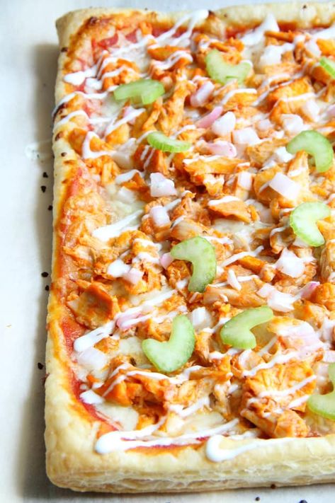 Buffalo Chicken Puff Pastry Pizza needs just a few ingredients and minutes in the oven to get on the table. Dinner is done, y'all. Buffalo Chicken Puff Pastry, Buffalo Chicken Flatbread Pizza, Buffalo Chicken Flatbread, Chicken Puff, Chicken Flatbread Pizza, Pastry Pizza, Eat Greek, Easy Buffalo Chicken, Chicken Flatbread