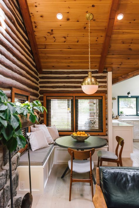 Tour Zosia Mamet + Evan Jonigkeit's Modern Rustic Home in Upstate New York - Front + Main Cabin Update, Sunroom Dining Room, Cabin Projects, Zosia Mamet, Sunroom Dining, Modern Log Cabin, Log Home Interiors, Dream Cabin, Cabin Aesthetic