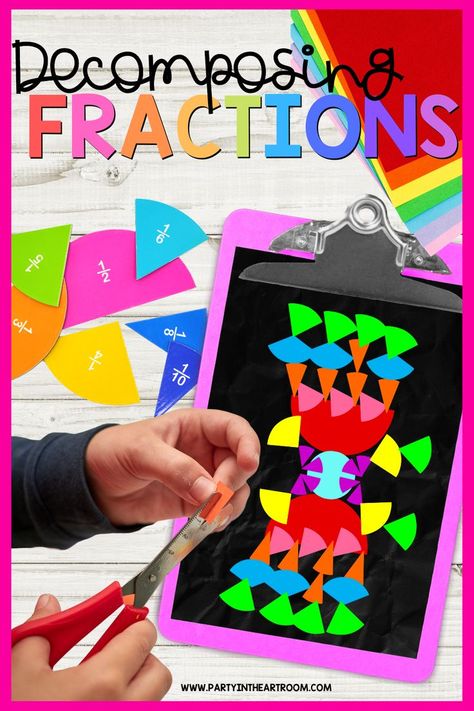 decomposing fractions math in art lesson Types Of Fractions, Fun Fractions Activities, Fractions For Kids, Fraction Art, Decomposing Fractions, Fractions Activity, 4th Grade Fractions, Mixed Fractions, Fraction Lessons