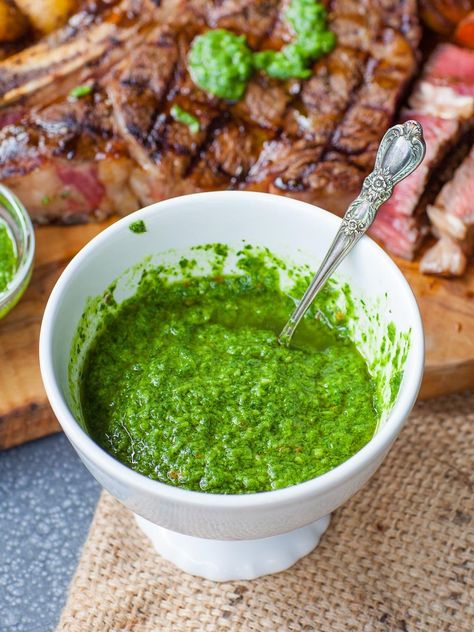 Sauce With Avocado, Potatoes Tacos, Avocado Chimichurri, Creamy Seafood Pasta, Chimichurri Sauce Recipe, Sauce Video, Grilled Ribeye, Meat Marinade, Seafood Pasta Recipes