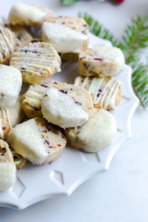 Dried Cherry Pistachio Cookies, White Chocolate Shortbread Cookies, Pistachio White Chocolate, Cherry Pistachio, Chocolate Shortbread, Chocolate Shortbread Cookies, Tart Cherries, Pistachio Cookies, White Chocolate Bar