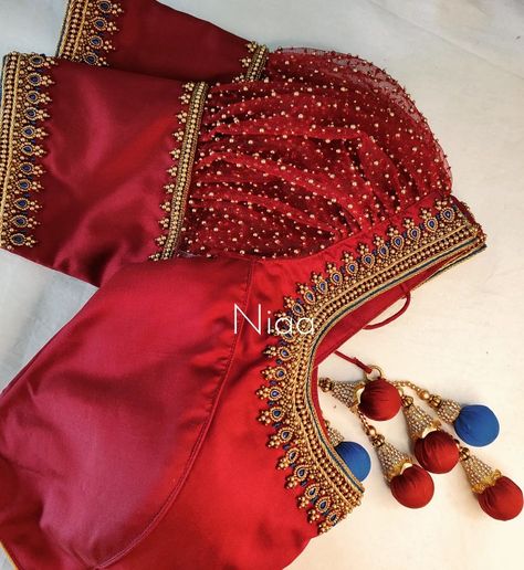 Red Fancy Blouse Designs, Red Puff Sleeve Blouse Saree, Blouse Hands And Neck Designs, Aari Work In Puff Sleeve, Traditional Aari Work Blouse Designs, Red Aari Blouse Design, Puff Sleeve Bridal Blouse, Puff Hand Aari Work Blouse, Puff Sleeve Aari Work Design