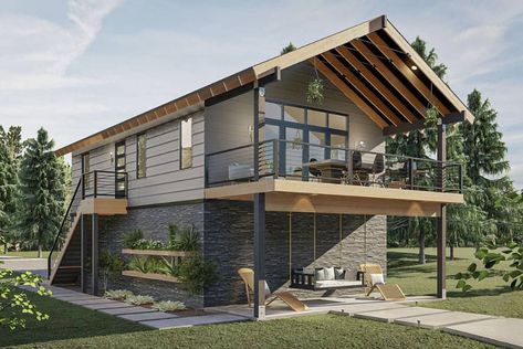 Rear-right rendering of the 2-bedroom two-story modern rustic carriage home. Garage Apartment Floor Plans, Garage Apartment Plan, Garage Guest House, Apartment Plan, Carriage House Plans, Balcony Flooring, Garage Apartment Plans, Garage Addition, Modern Garage