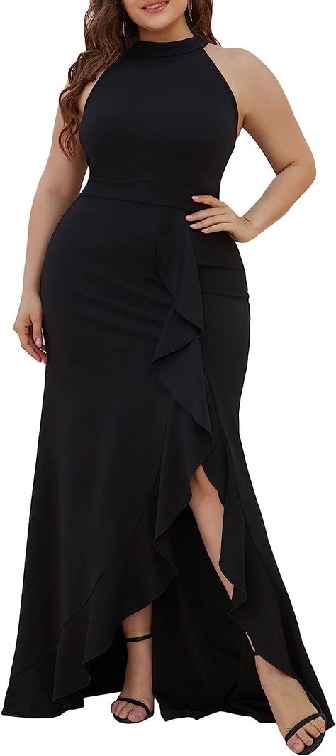 Alisapan Plus Size; Women's Empire Elastic Split Mermaid, Halter Neck, Sleeveless Long Formal Dress Black Halter Top Dress Formal, Halter Top Dress Formal, Halter Prom Dresses Long, High Neck Halter Dress, Halter Dress Formal, Plus Size Gowns Formal, Prom Dresses Long Black, Mermaid High, High Neck Prom Dress