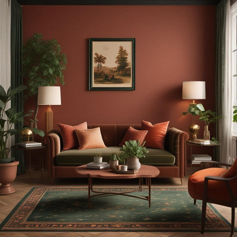 Terracotta Lounge Room, Terracotta Room Color, Dark Green And Terracotta Living Room, Terracotta Accents Living Room, Army Green Living Room, Caramel Leather Couch Living Room Ideas, Dark Academia Mid Century Modern, Couch Accent Wall, Terracotta And Green Living Room