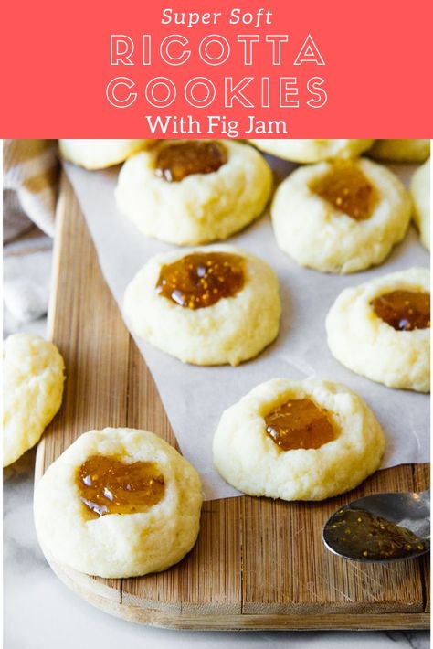 SOFT RICOTTA COOKIES WITH FIG JAM Fig Filled Cookies, Fig Jam Dessert, Fig Jam Cookies Recipe, Fig Jam Dessert Recipes, Fig Jam Cookies, Recipes With Fig Jam, Orange Cranberry Ricotta Cookies, Cookies With Ricotta Cheese, Lekvar Recipe