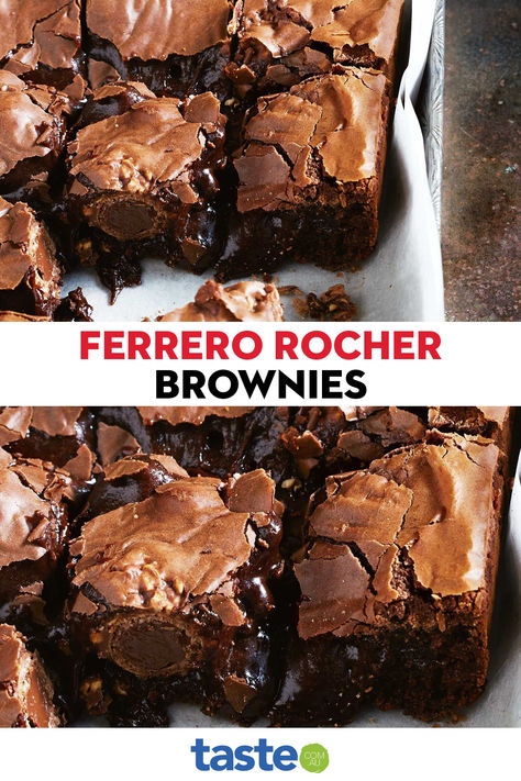 For a decadent dessert, try these gooey brownies made with Nutella and Ferrero Rocher chocolates. Ferrero Rocher Dessert, Ferrero Rocher Brownies, Diy Brownies, Perfect Brownies, Ferrero Rocher Chocolates, Gooey Brownies, Recipe Sweet, Nutella Recipes, Sweet Food