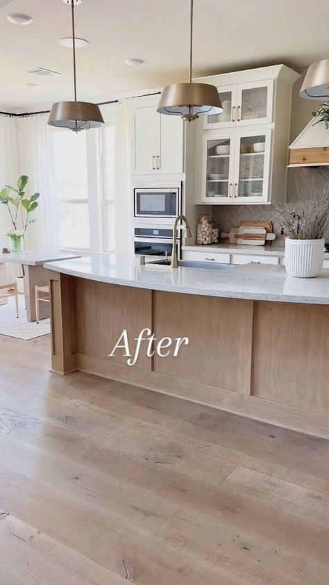 Faux Wood Kitchen Island, White Kitchen Painted Island, White Kitchen Natural Wood Island, Kitchen Island Stain Colors, Faux Wood Kitchen Cabinets, Kitchen Island Diy Makeover, Retique It Kitchen Cabinets, Retique It Projects Before And After, Pickled Oak Cabinets Kitchens