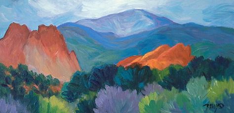 Pikes Peak Blues by Laura Reilly Acrylic ~ 6 x 12 Pikes Peak Colorado Tattoo, Colorado Painting Easy, Volcanic Mountain Painting, Pikes Peak Painting, Art Room Inspiration, Utah Landscape Paintings, Colorado Art, Mountain Drawing, Denver Art