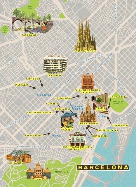 Very helpful map of Barcelona with some things to do...definitely want to spend a couple days here :) Barcelona Spain Travel, Antoni Gaudi, Barcelona Travel, European Vacation, Illustrated Map, Spain And Portugal, Travel List, Future Travel, Spain Travel