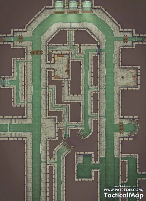 Hi there. I want to share with you a map of the city sewage system. Moderately flooded, moderately destroyed. It has additional moves for those who can go through the steel bars or those who can destroy the rusty and silt-covered grate. There is a place for collecting all kinds of rabble and a room in which a particularly dangerous criminal is hiding. I hope this map will be a good place for you to explore and battle. #sewage #battlemap #DnD #map Dnd Sewer Map, Sewer Battlemap, 5e Maps, Dnd 5, Dnd World Map, Building Map, Fantasy Town, Tabletop Rpg Maps, Map Pictures