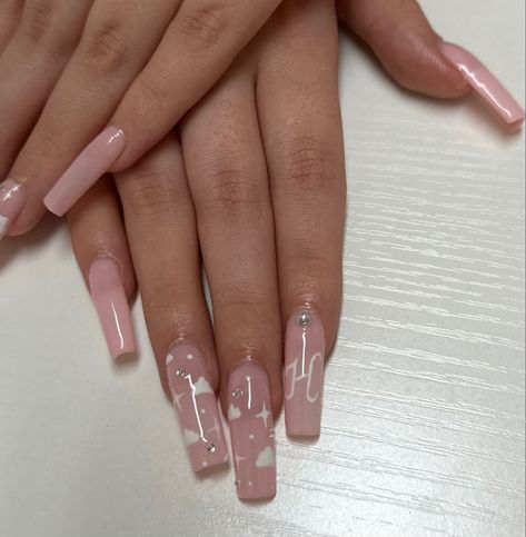 #bubblebath #pink #clouds #initialnails #rhinestone #nails #polygel #acrylic #longnails #square #cutenaildesigns #girly #pinknails #pinkandwhite #lightpinknails #nailart #naildesign #nailideas #nailinspiration #aesthetic #acrylicnaildesigns #girlynails #h #cutecore #valentinesnails #nailpolish #pinkandwhitenails Aesthetic Nails With Initials, Acrylic Nails With Bf Initials Pink, Letter H On Nails, H Initial Nails, Pink Nails With Initials, Cute Nails With Initials, Nail Inspo With Initial, Boyfriend Initial Nails Designs, Initials Nails