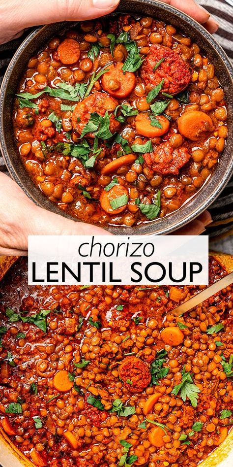 This recipe is a rich combination of chorizo sausage and green lentils with carrots simmered in a delicious tomato, garlic, and paprika broth. Chorizo Soup Recipes, Chorizo Recipes Dinner, Green Lentil Recipes, Lentils And Sausage, Best Lentil Soup Recipe, Lentil Sausage Soup, Chorizo Soup, Soups Recipes, Dinner Favorites