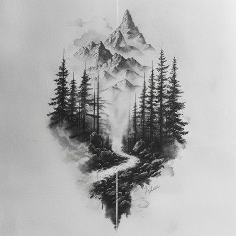 Mens Nature Tattoo Ideas, Space And Mountain Tattoo, Tn Tattoo Tennessee, Snow Forest Tattoo, Covered Bridge Tattoo, Wolf In Woods Tattoo, Mountain Background Tattoo, North Star Compass Tattoo Design, Nature Sleeves Women Tattoo